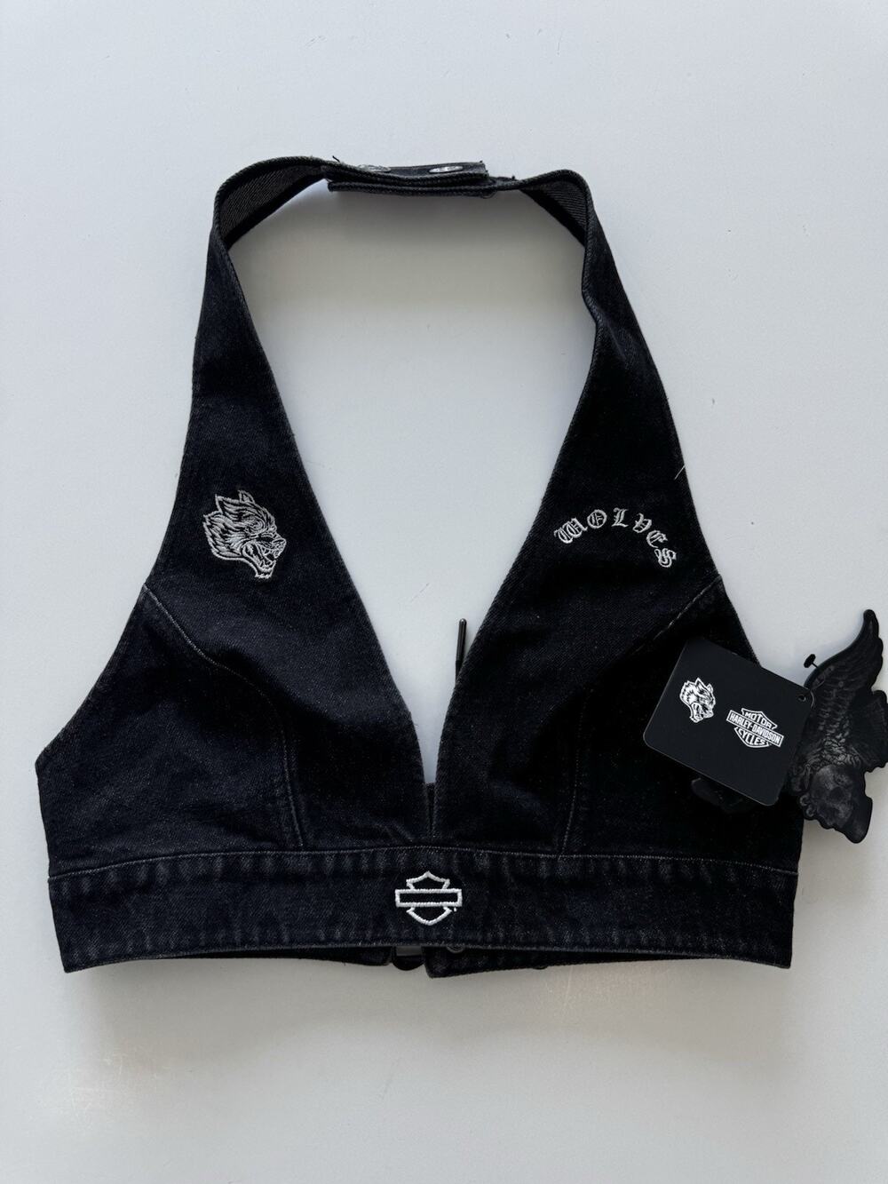 Darc Sport Harley Davidson colab black denim halter crop top Medium - Picture 1 of 8
